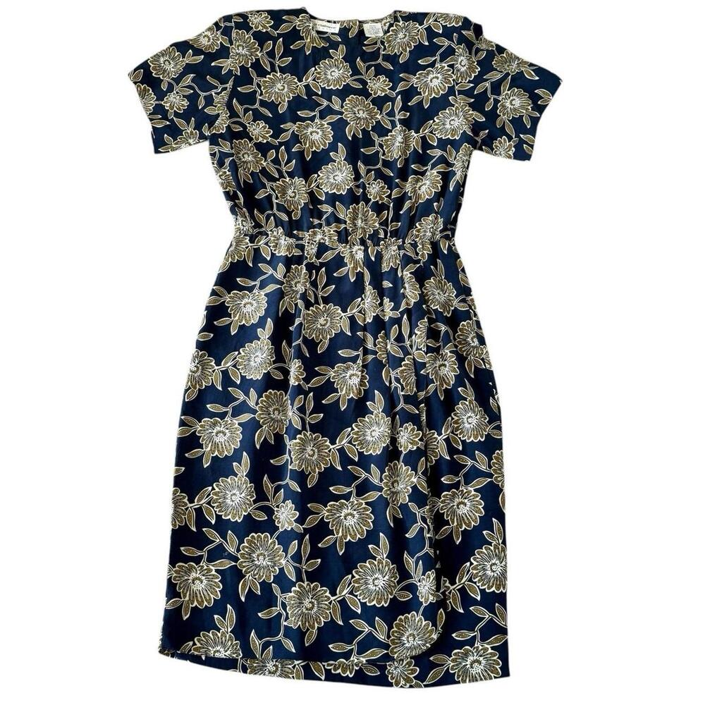 Liz Claiborne Vintage Navy, Gold Floral 100% Silk Faux Wrap Midi Dress Size-8P